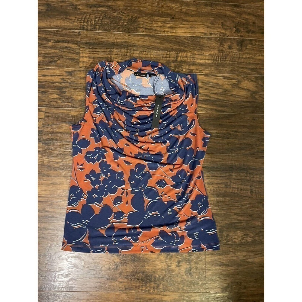 T Tahari Floral Blue Orange Cowl Neck Sleeveless Blouse Top Shirt Women's M